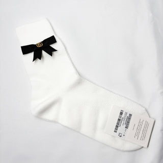 Gucci White Socks with Black Bow and Gold GG Embroidery