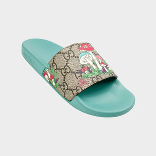 Gucci GG and mushroom print pool slides for kids with turqouoise sole