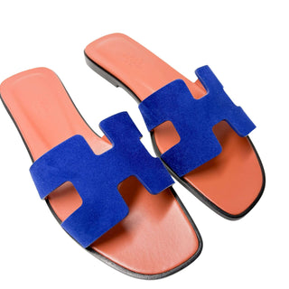 Hermes Oran sandals blue velvet and leather