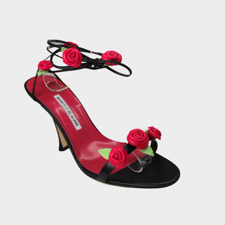 Manolo Blahnik occassion heels black lace up with red roses
