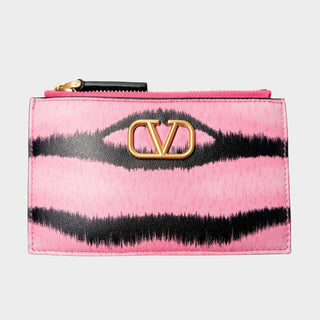 Valentino V logo card holder and coin case with pink and black stripes