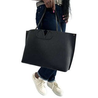 Valentino V Logo Tote Bag in black leather