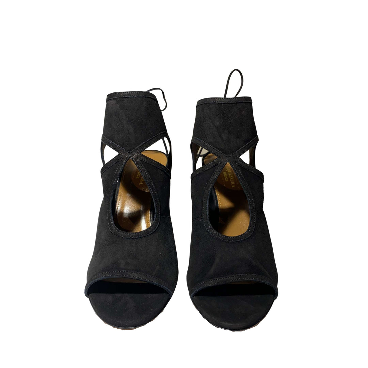 Front view of a pair of Aquazzura Sexy Thing 85 black suede sandals, showcasing the symmetrical open toe design and ankle tie styling.