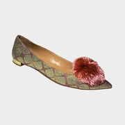 Right side profile of Aquazzura Lucky Lotus Powder Puff ballet flats, showcasing the metallic gold low heel and embroidered floral pattern.