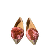 Front view of Aquazzura Limited Edition Powder Puff Ballerina Flats in Lucky Lotus embroidered fabric, featuring a pointed toe and large pink pompom.