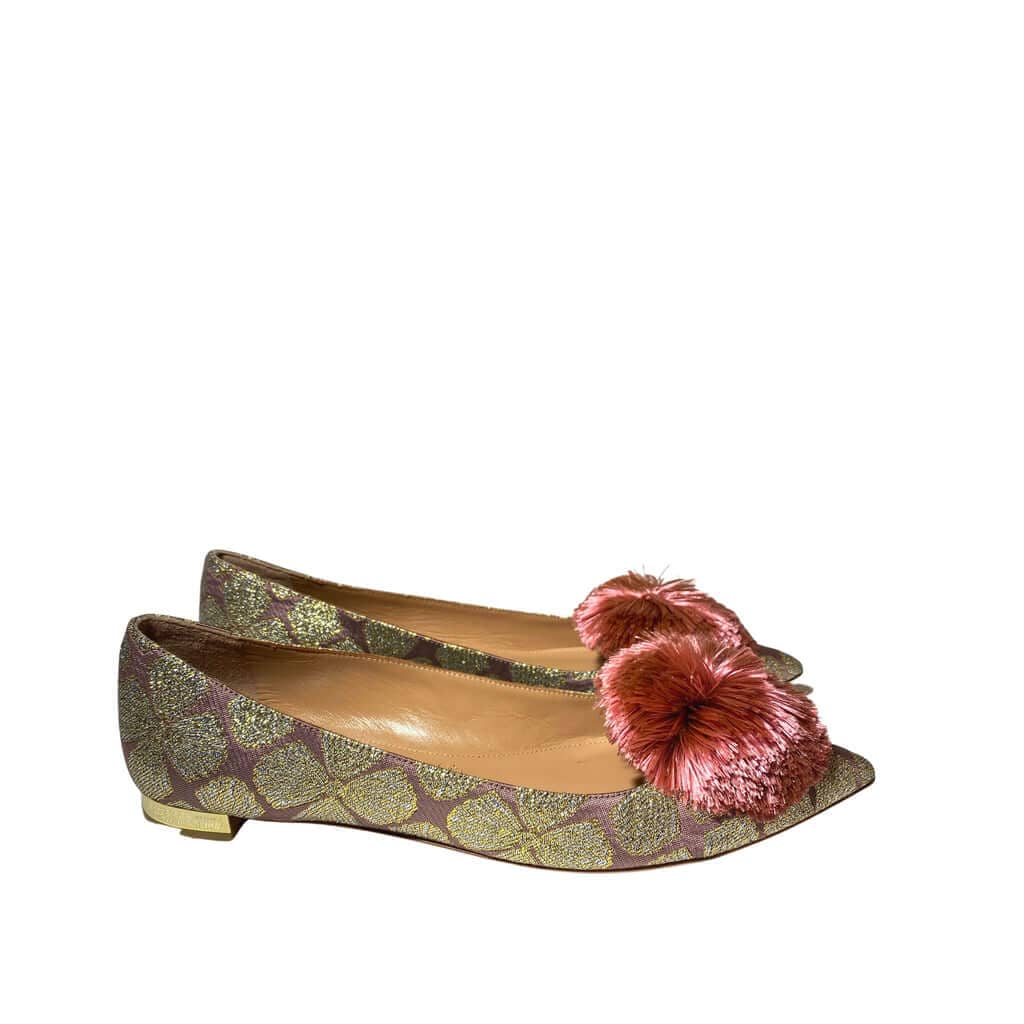 Right side profile of Aquazzura Lucky Lotus Powder Puff ballet flats, showcasing the metallic gold low heel and embroidered floral pattern.