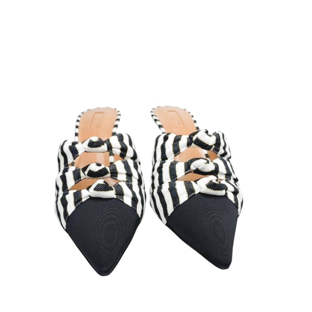 Aquazzura Mondaine striped mule heels side view with a 75mm stiletto heel.