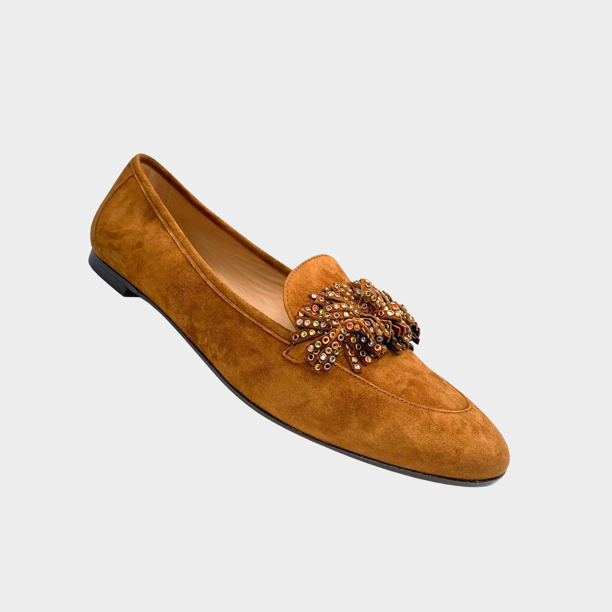 Aquazzura Wild Thing brown suede loafers featuring a round toe and a striking crystal fringe notched vamp.