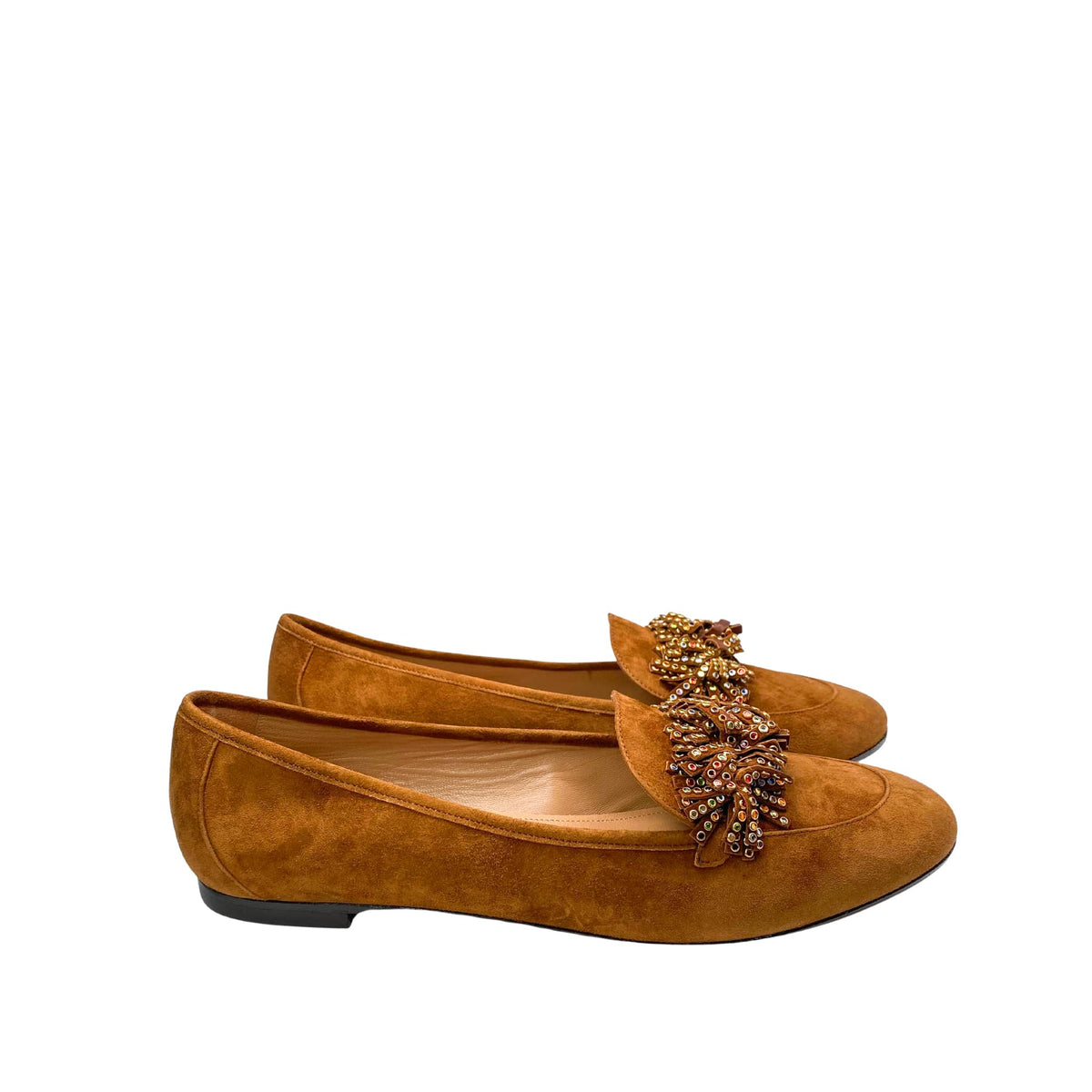 Right side angle of an Aquazzura Wild Thing brown suede loafer flat with a crystal-embellished tassel vamp and a smooth low heel.
