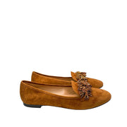 Right side angle of an Aquazzura Wild Thing brown suede loafer flat with a crystal-embellished tassel vamp and a smooth low heel.