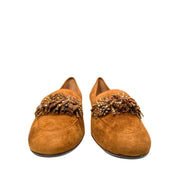 Aquazzura Wild Thing loafers in brown suede with rhinestone fringe detailing.