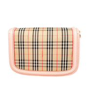 Back view of the Burberry Link shoulder bag, displaying the seamless beige house check canvas pattern.