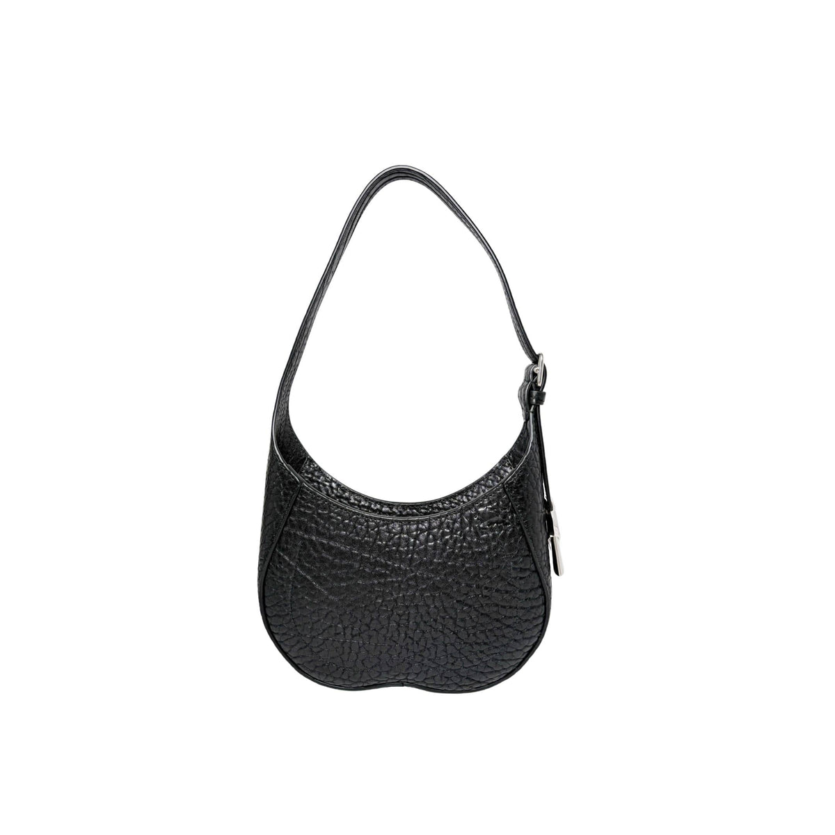 Studio front view of the structured black Burberry Chess hobo bag against a clean background, highlighting its modern, seamless design.
