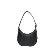 Studio front view of the structured black Burberry Chess hobo bag against a clean background, highlighting its modern, seamless design.