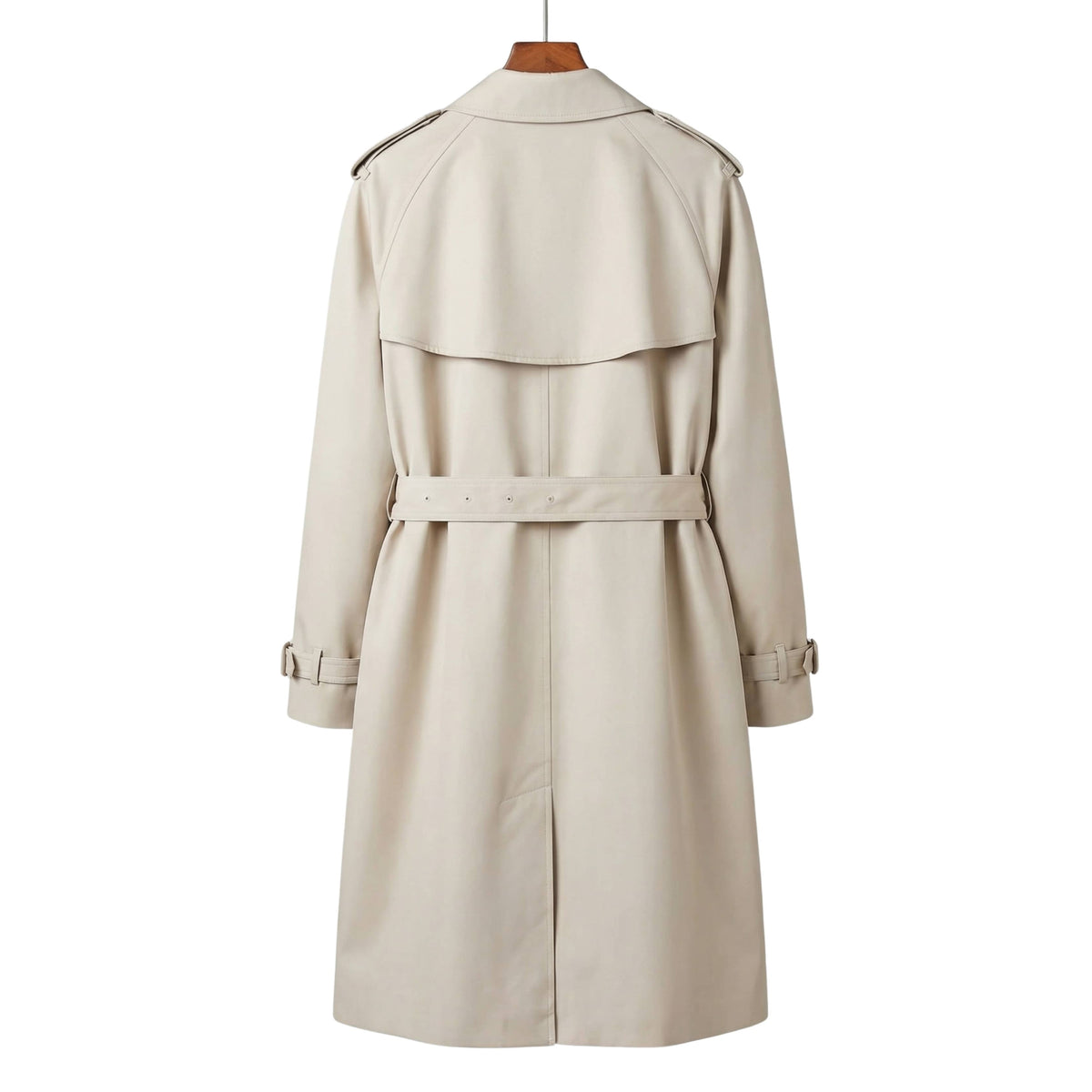 Full-length back view of the tailored Burberry Hillington trench coat in timeless beige, showcasing the clean silhouette and storm flap.