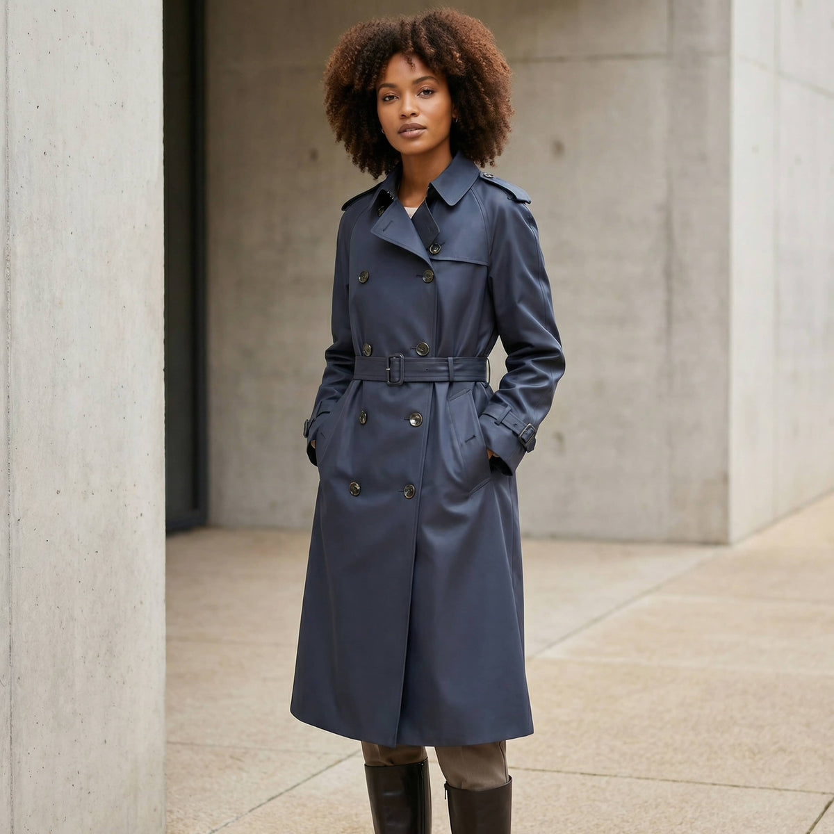 Full-length view of a model wearing the tailored black Burberry Hillington trench coat, showcasing its modern elegant fit.