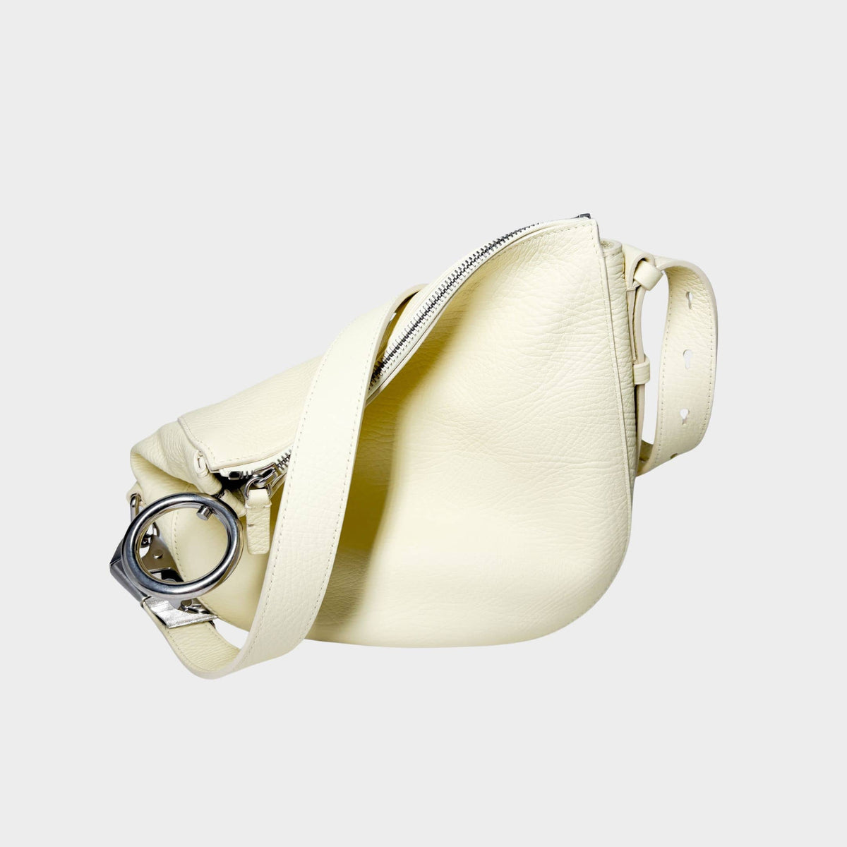 Front view of the luxury Burberry Knight bag in lime yellow leather, highlighting its unique folded construction and silver-tone hardware.
