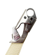 Detailed view of the signature silver-tone horse-shaped carabiner clip on the Burberry Knight shoulder bag.