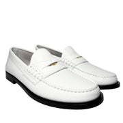 Front-facing studio shot of a pair of white leather Burberry Rupert Coin Loafers, emphasizing the classic round toe design.