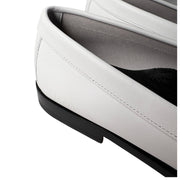 Close-up detail shot of the meticulous topstitching along the apron toe of the white leather Burberry Rupert loafer.