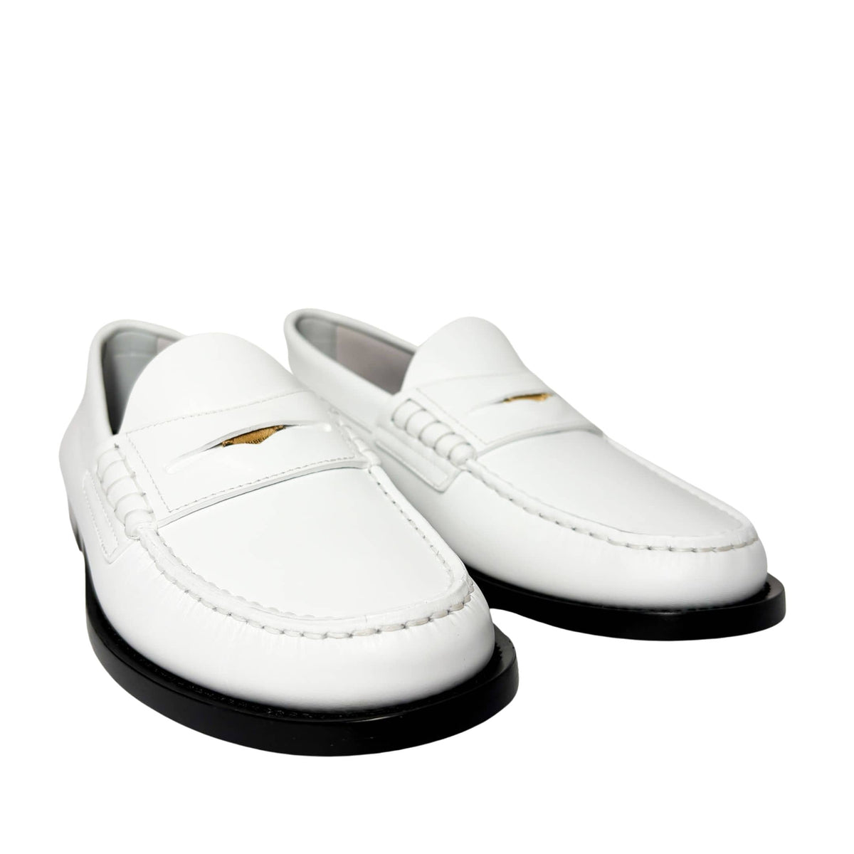 Rear view of the white Burberry Rupert Coin Loafers from behind, highlighting the clean leather heel counter and stitching