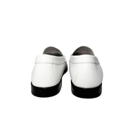 Authentic white leather Burberry Rupert Coin Loafers displayed next to their luxury designer product box and protective dust bag.