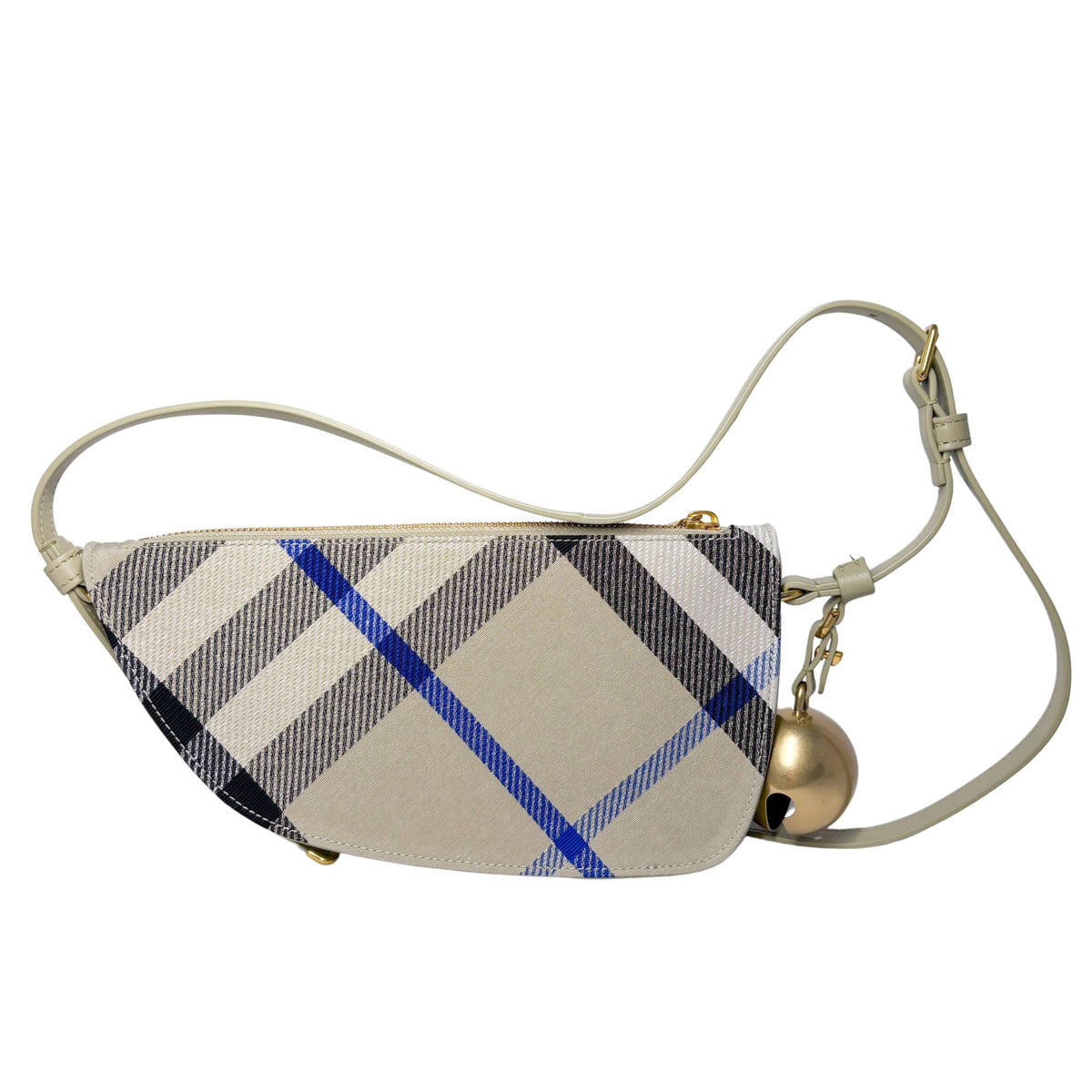 Studio front view of the structured Burberry Shield check shoulder bag, displaying its modern and elegant curved design.