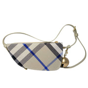 Studio front view of the structured Burberry Shield check shoulder bag, displaying its modern and elegant curved design.