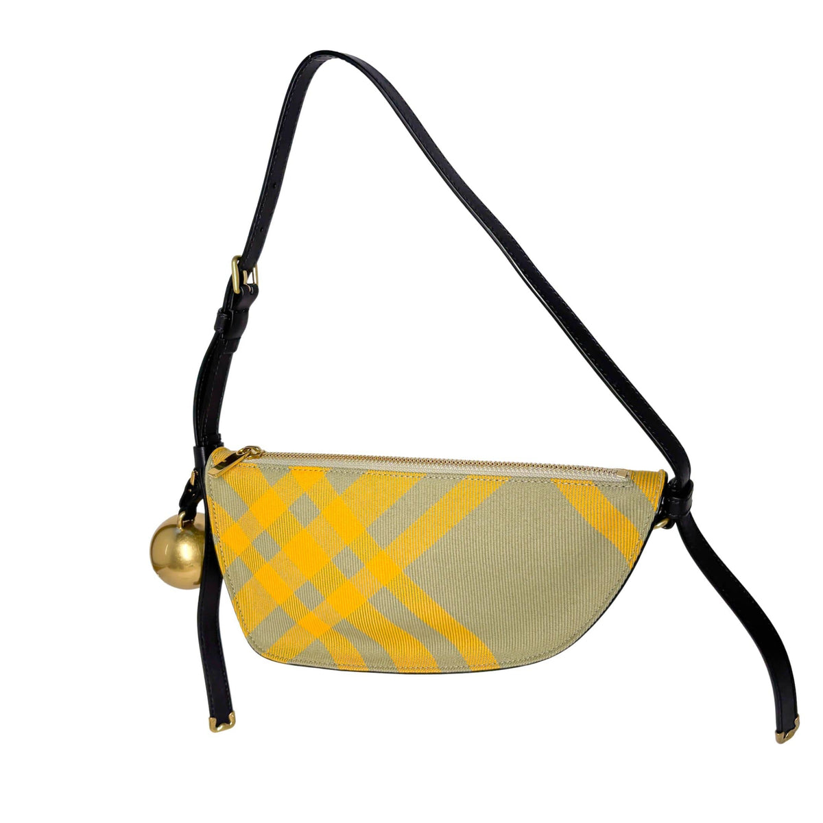 Studio front view of the structured Burberry Shield check bag, demonstrating its modern, curved design.