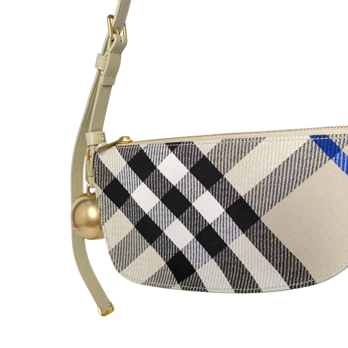 Burberry Shield check canvas bag folded flat, showcasing its unique asymmetrical shield shape and premium leather trim.