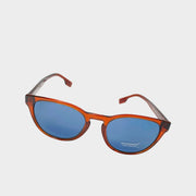 Three-quarter angled view of Burberry brown frame sunglasses featuring vibrant blue tinted lenses.