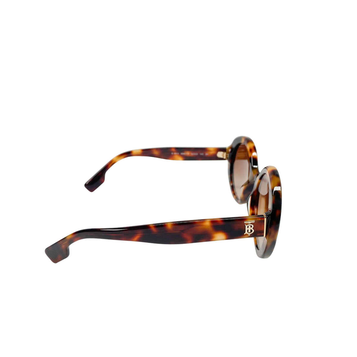 Three-quarter angled view of Burberry tortoiseshell sunglasses showing the curved frame shape and slender temple arm.