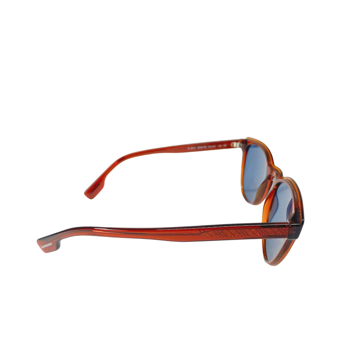 Side profile view of Burberry brown sunglasses showcasing the sleek temple arm shape and curved frame contour.