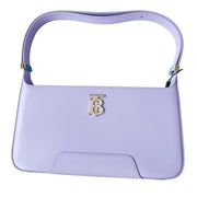 Back view of the lilac Burberry TB leather shoulder bag, displaying its clean rear panel and seamless structured design.