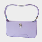 Front view of the luxury Burberry TB shoulder bag in lilac purple leather, showcasing the silver-tone TB monogram clasp.
