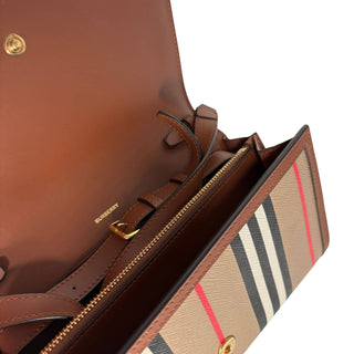 Burberry wallet on a chain with classic Burberry print and brown leather trim
