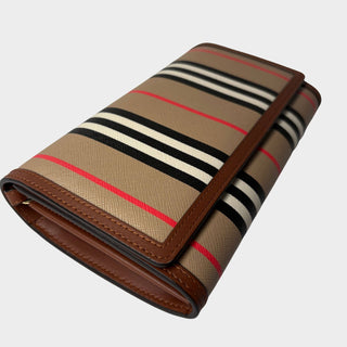 Burberry wallet on a chain with classic Burberry print and brown leather trim