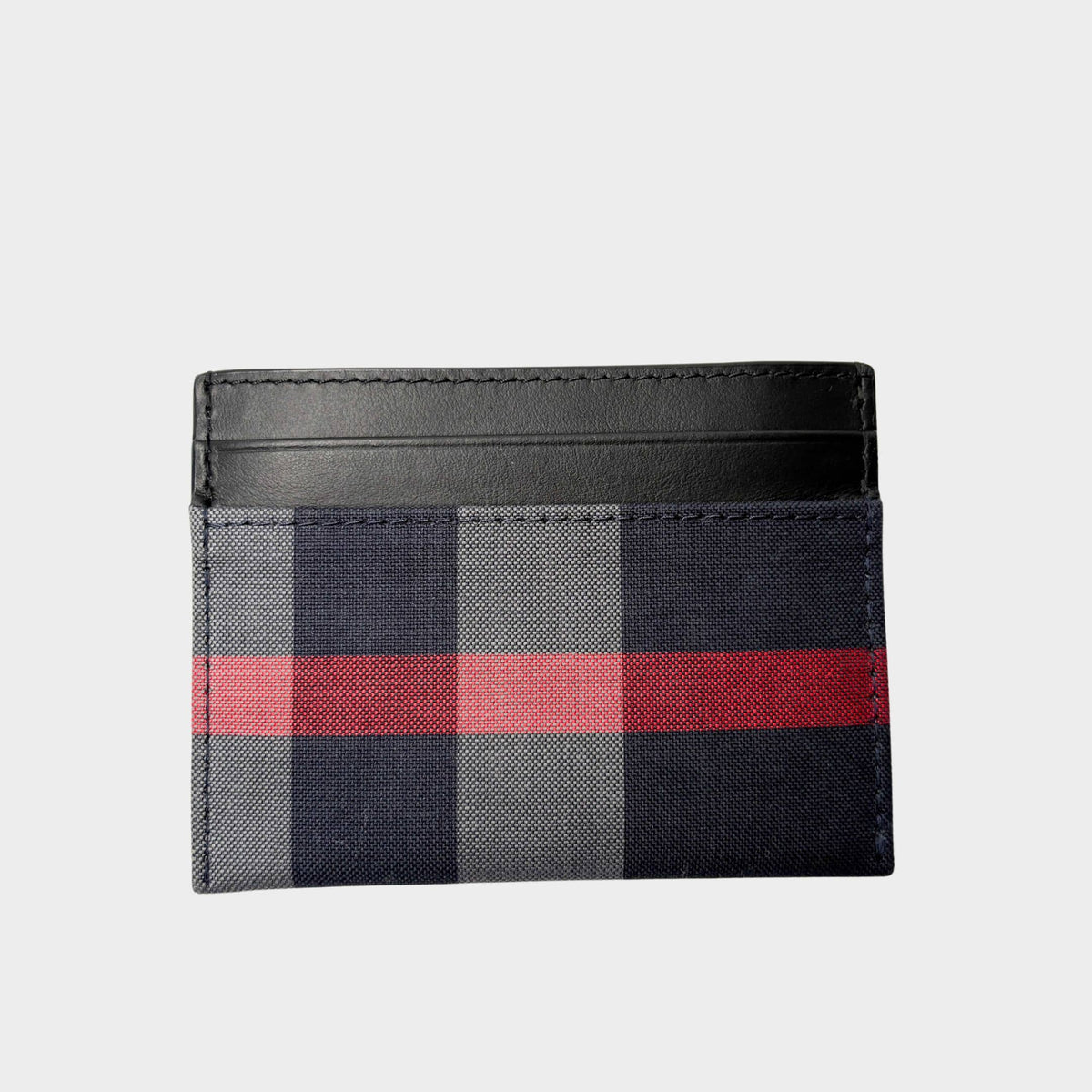 Direct front view of Burberry card holder featuring black leather trim and the iconic House Check patterned canvas.