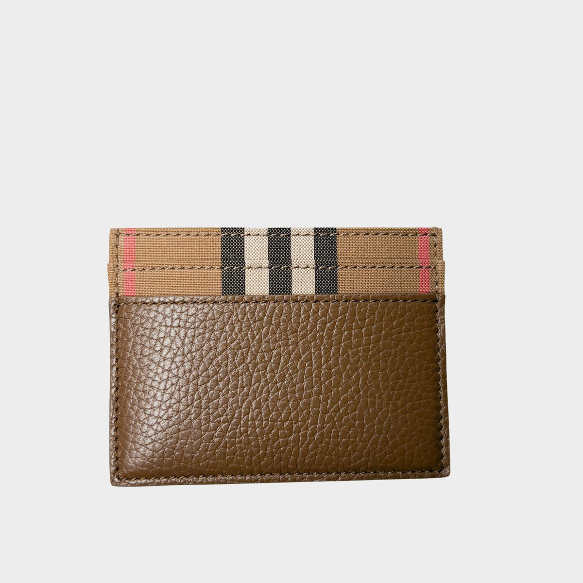 Front view of Burberry brown leather card holder featuring classic House Check canvas trim and card slots.