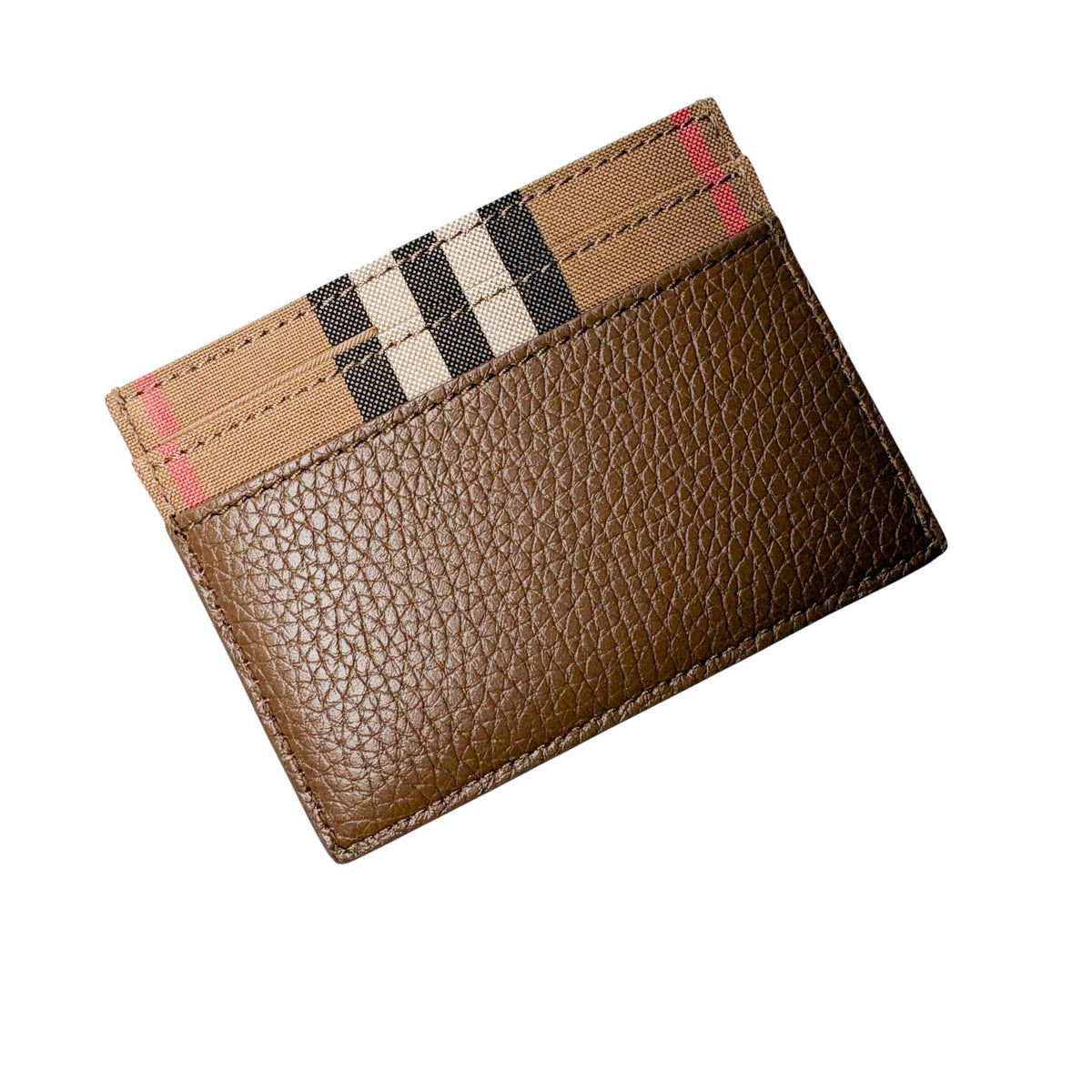 Angled top view of the brown Burberry House Check card holder showcasing slot openings and slim profile.