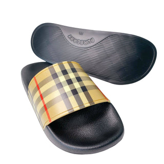 Burberry-Pool-Slides-Brown-Check-Black-Rubber-Sole