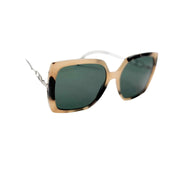 Close-up view of the classic square shape and green-tinted lenses of Burberry designer sunglasses.