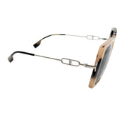 Side profile of Burberry square frame sunglasses showcasing the elegant silver-tone temple chain details.
