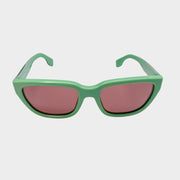 Front view of Burberry mint green rectangle sunglasses featuring reddish-pink tinted lenses.