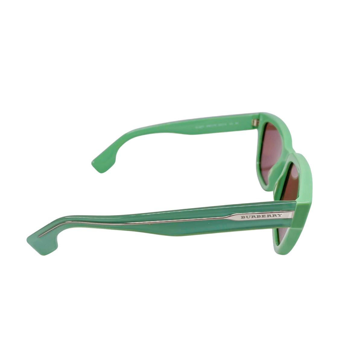 Side profile view of mint green Burberry sunglasses showcasing the sleek temple arm design and frame profile.