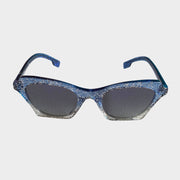Front view of Burberry sparkly blue rectangle sunglasses with dark tint lenses and silver glitter accents.