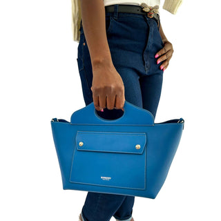 Burberry small tote bag with top handle and strap in blue