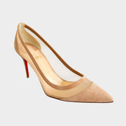 Side profile close-up of a Christian Louboutin Galativi 90 pump in dusky pink suede, showcasing the breathable sheer mesh panels and signature red lacquer stiletto heel.