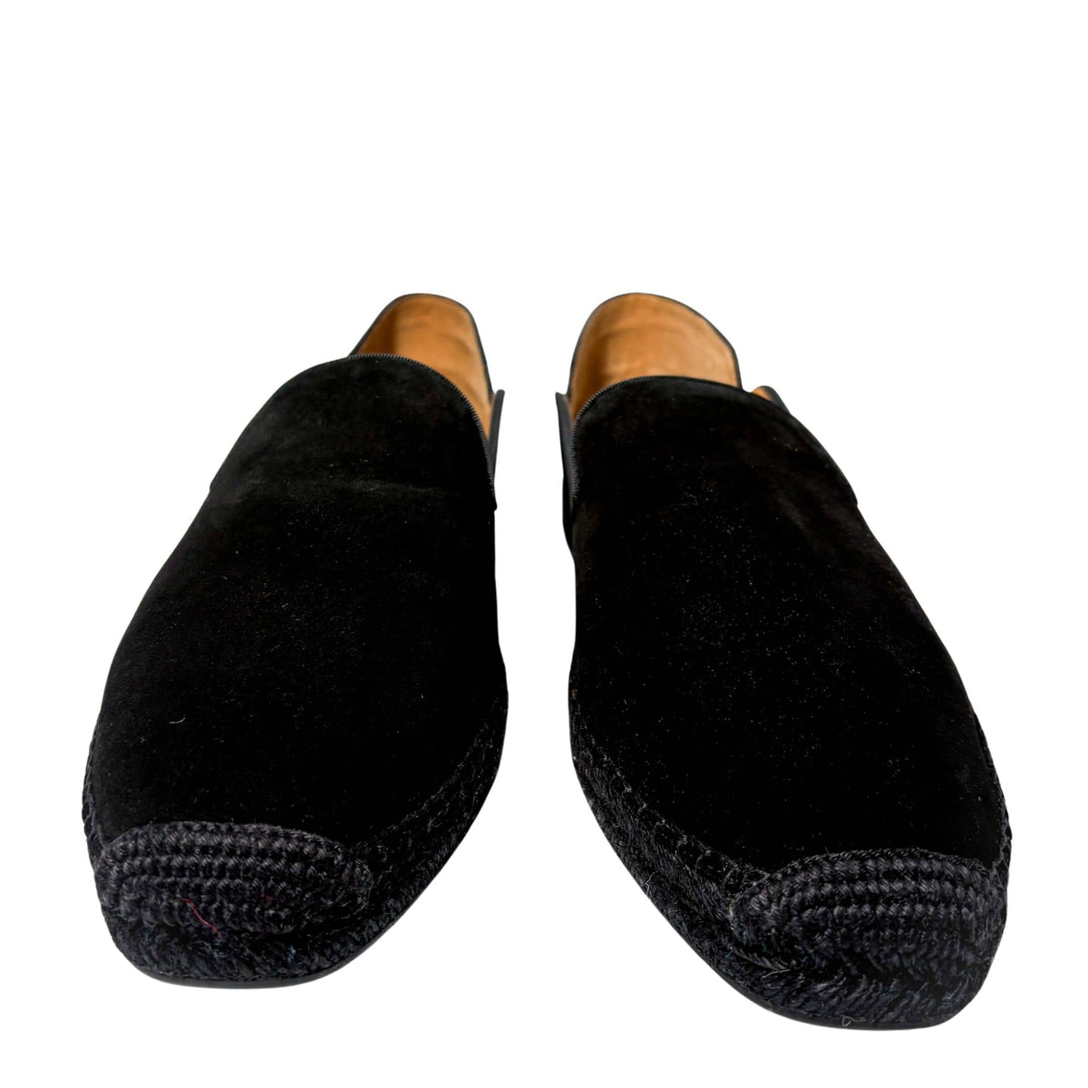Front-facing view of the Christian Louboutin Varsi Espadon shoes, emphasizing the classic round toe shape and premium suede texture