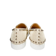 Rear view of a pair of Christian Louboutin Boat woven espadrilles in pink from behind, showcasing the clean heel counters and metallic spike accents.